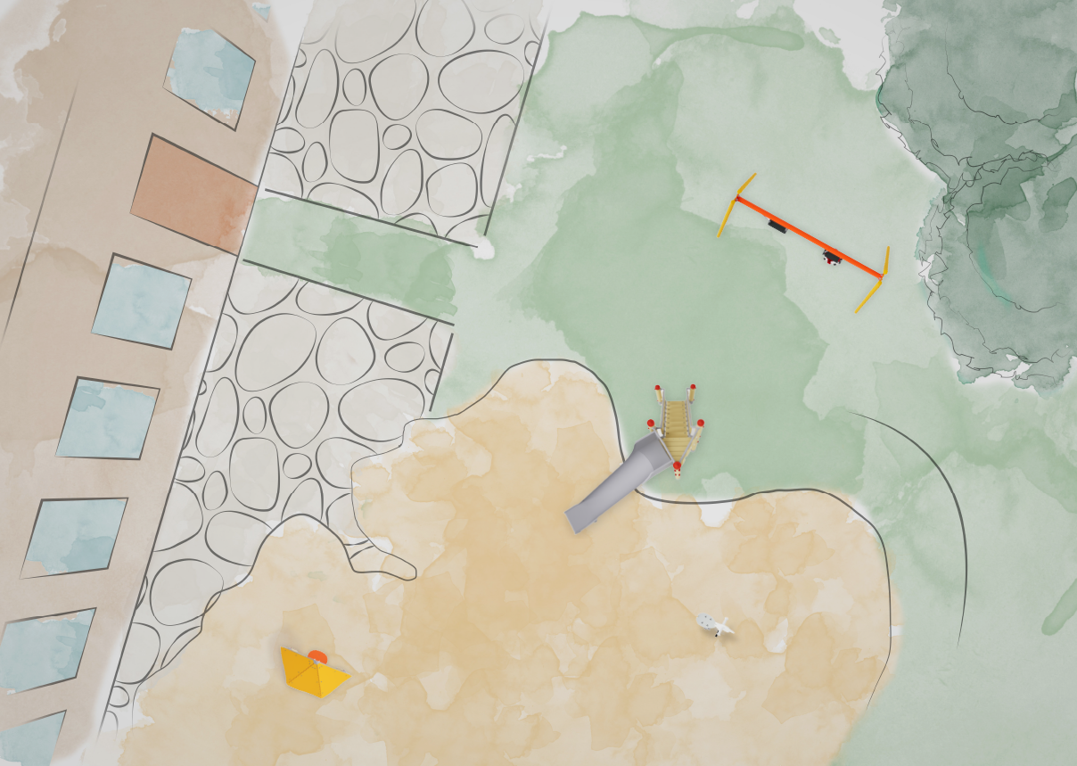Broschuere-Kindergarten_Karte_Illustrativ Illustrative map of a kindergarten with playground equipment placed