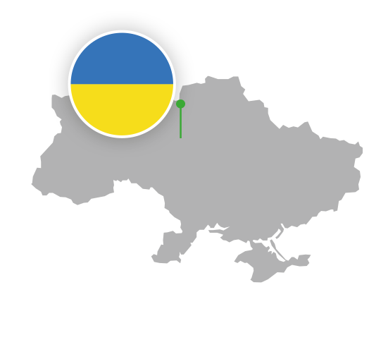 Landumriss von der Ukraine mit einer Markierung auf die Hauptstadt und einer Flagge
